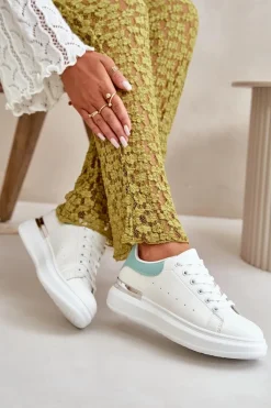 Niskie Trampki Damskie Na Platformie Z Eko Skóry Biało-Zielone Nevelena