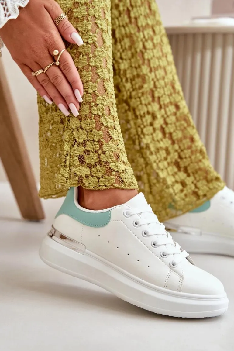 Niskie Trampki Damskie Na Platformie Z Eko Skóry Biało-Zielone Nevelena