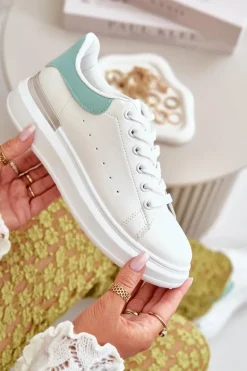 Niskie Trampki Damskie Na Platformie Z Eko Skóry Biało-Zielone Nevelena