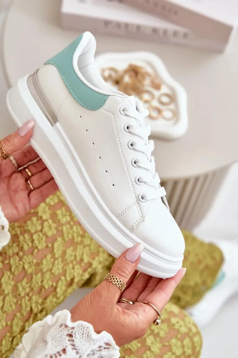 Niskie Trampki Damskie Na Platformie Z Eko Skóry Biało-Zielone Nevelena