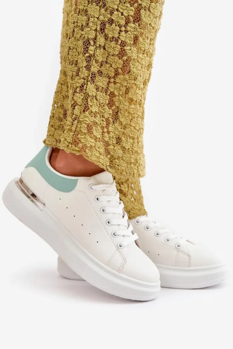 Niskie Trampki Damskie Na Platformie Z Eko Skóry Biało-Zielone Nevelena