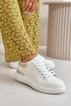 Niskie Trampki Damskie Na Platformie Z Eko Skóry Biało-Beżowe Nevelena