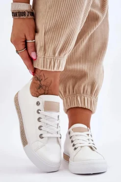 Niskie Trampki Damskie Z Dżetami Biało-Beżowe Demira