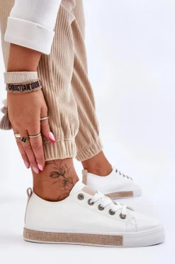 Niskie Trampki Damskie Z Dżetami Biało-Beżowe Demira