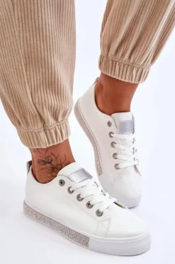 Niskie Trampki Damskie Z Dżetami Biało-Srebrne Demira