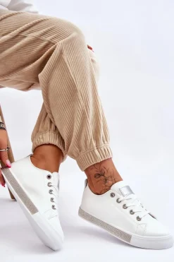 Niskie Trampki Damskie Z Dżetami Biało-Srebrne Demira