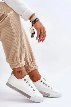 Niskie Trampki Damskie Z Dżetami Biało-Srebrne Demira