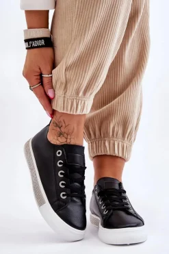 Niskie Trampki Damskie Z Dżetami Czarno-Białe Demira