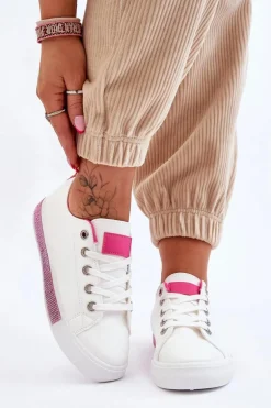 Niskie Trampki Damskie Z Dżetami Biało-Różowe Demira