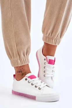 Niskie Trampki Damskie Z Dżetami Biało-Różowe Demira