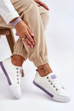 Niskie Trampki Damskie Z Dżetami Biało-Fioletowe Demira