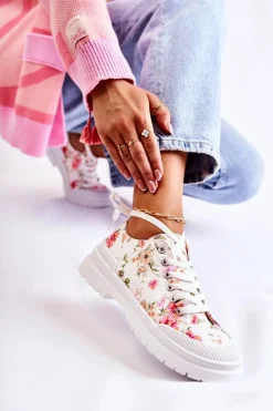 Niskie Trampki Wiązane W Kwiaty Białe Amissa