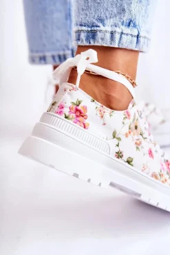 Niskie Trampki Wiązane W Kwiaty Białe Amissa