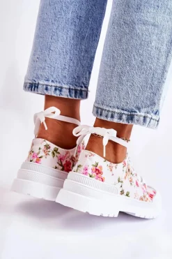 Niskie Trampki Wiązane W Kwiaty Białe Amissa