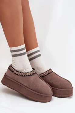 Niskie Zamszowe Śniegowce Damskie Z Haftem Na Platformie Vinceza 97960 Brązowe