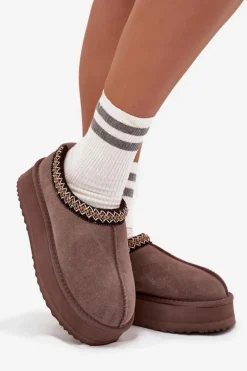 Niskie Zamszowe Śniegowce Damskie Z Haftem Na Platformie Vinceza 97960 Brązowe