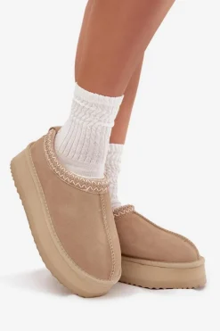 Niskie Zamszowe Śniegowce Damskie Z Haftem Na Platformie Vinceza 97960 Beżowe