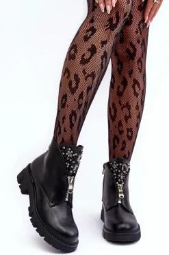 Niskie Zdobione Skórzane Botki Z Suwakiem Czarne Escika