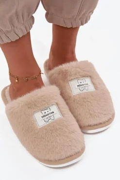Obuwie Domowe Kapcie Damskie Futrzane Beżowe Maelis