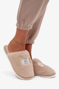 Obuwie Domowe Kapcie Damskie Futrzane Beżowe Maelis