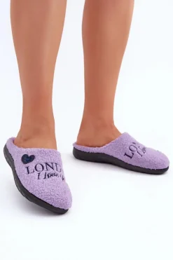 Obuwie Domowe Kapcie Damskie Z Napisem I Futerkiem Typu Baranek Inblu ET000027 Fioletowe