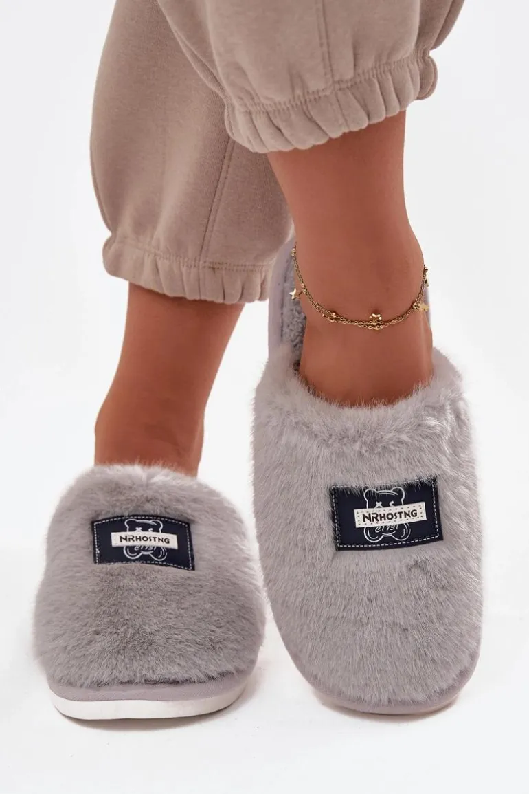 Obuwie Domowe Kapcie Damskie Futrzane Szare Maelis