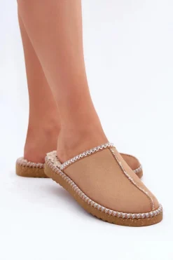 Obuwie Domowe Kapcie Z Haftem Damskie Inblu EY000028 Camel