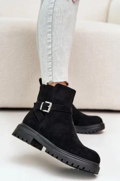 Ocieplane Botki Eko Zamszowe Na Zamek Z Klamrą Czarne Zinovelle