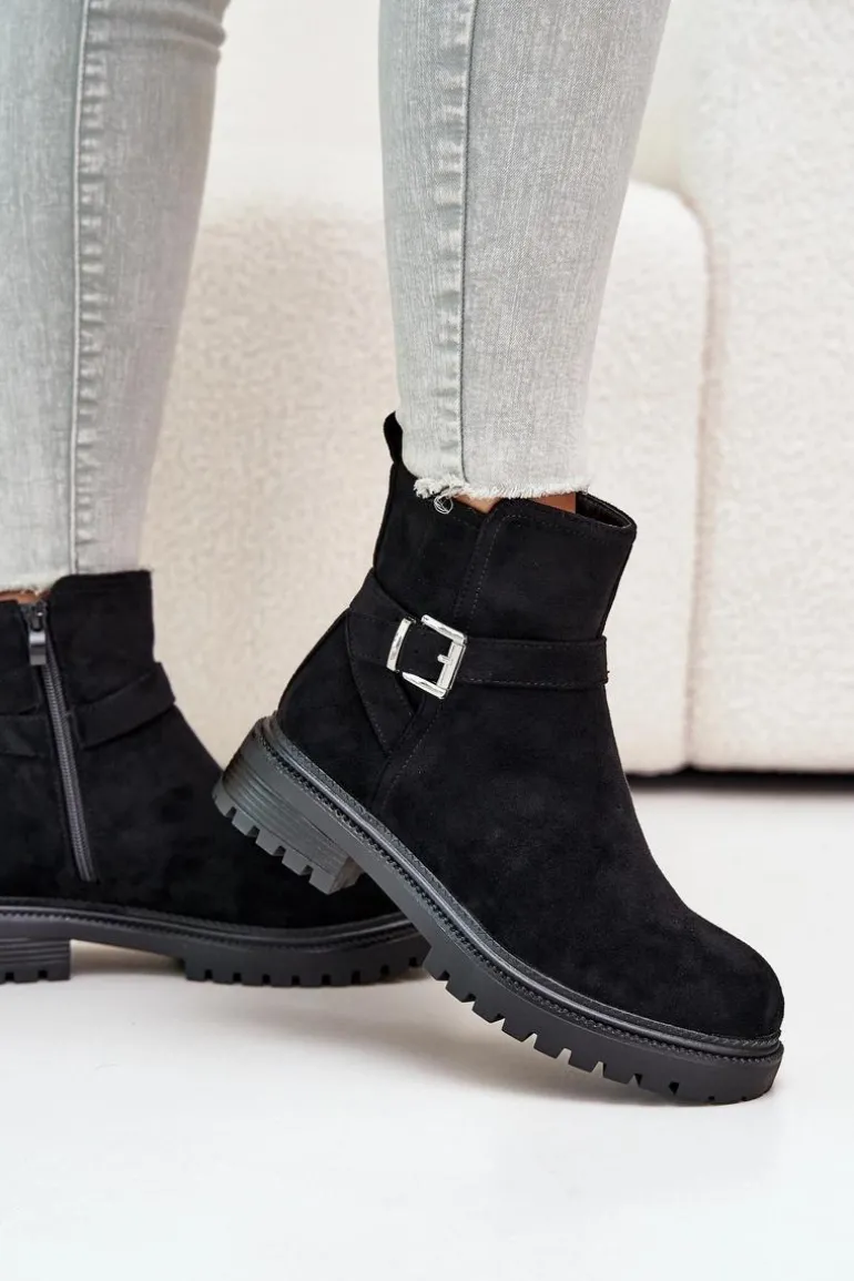 Ocieplane Botki Eko Zamszowe Na Zamek Z Klamrą Czarne Zinovelle