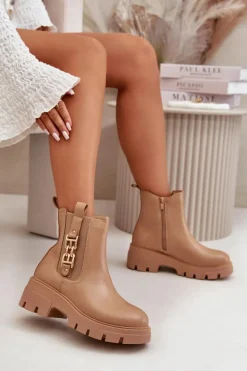 Ocieplane Botki Damskie Eko Skórzane Ze Złotą Ozdobą Beżowe Erivianes