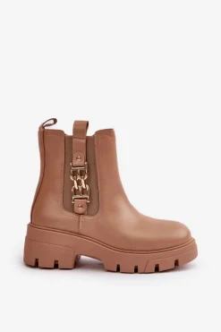 Ocieplane Botki Damskie Eko Skórzane Ze Złotą Ozdobą Beżowe Erivianes