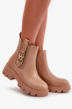 Ocieplane Botki Damskie Eko Skórzane Ze Złotą Ozdobą Beżowe Erivianes