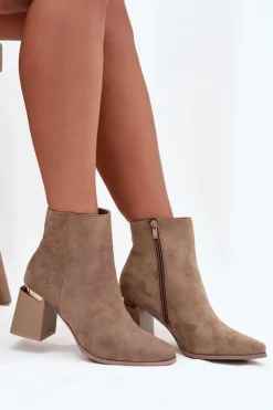 Ocieplane Botki Damskie Na Słupku Z Eko Zamszu Beżowe Brivelle