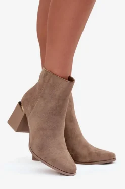 Ocieplane Botki Damskie Na Słupku Z Eko Zamszu Beżowe Brivelle