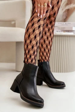 Ocieplane Botki Damskie Na Słupku Eko Skórzane Czarne Irittes