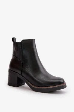 Ocieplane Botki Damskie Na Słupku Eko Skórzane Czarne Irittes