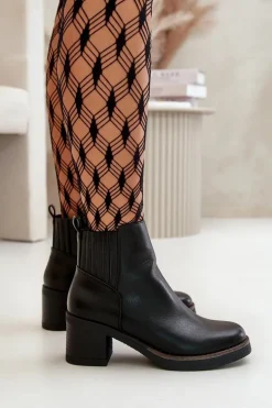 Ocieplane Botki Damskie Na Słupku Eko Skórzane Czarne Irittes