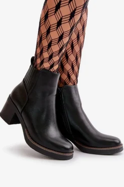 Ocieplane Botki Damskie Na Słupku Eko Skórzane Czarne Irittes