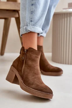 Ocieplane Botki Damskie Na Słupku Z Eko Zamszu Ciemnobrązowe Velarilla