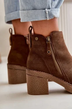 Ocieplane Botki Damskie Na Słupku Z Eko Zamszu Ciemnobrązowe Velarilla