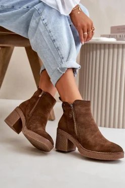 Ocieplane Botki Damskie Na Słupku Z Eko Zamszu Ciemnobrązowe Velarilla