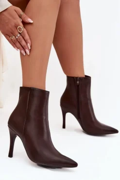 Ocieplane Botki Damskie Na Szpilce Eko Skórzane Czekoladowe Nolisse