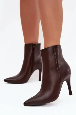 Ocieplane Botki Damskie Na Szpilce Eko Skórzane Czekoladowe Nolisse