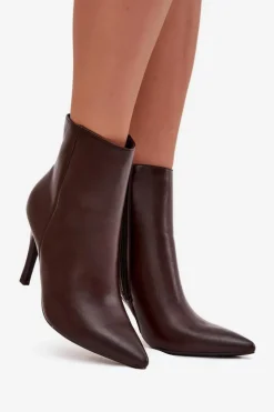 Ocieplane Botki Damskie Na Szpilce Eko Skórzane Czekoladowe Nolisse