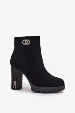 Ocieplane Botki Damskie Na Słupku Z Ozdobnym Detalem Czarne Vessara