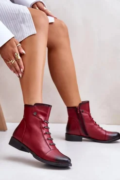 Ocieplane Botki Damskie Na Płaskim Obcasie Bordowe Labise