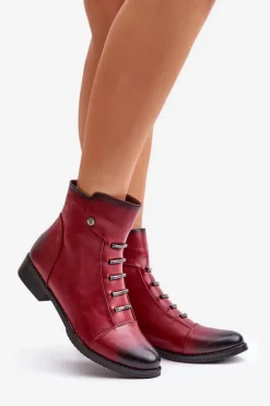 Ocieplane Botki Damskie Na Płaskim Obcasie Bordowe Labise