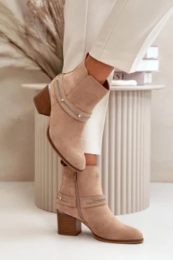 Ocieplane Botki Damskie Na Słupku Z Łańcuszkiem Eko Zamszowe Beżowe Hanalen