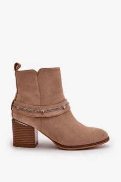 Ocieplane Botki Damskie Na Słupku Z Łańcuszkiem Eko Zamszowe Beżowe Hanalen