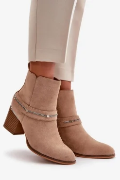 Ocieplane Botki Damskie Na Słupku Z Łańcuszkiem Eko Zamszowe Beżowe Hanalen
